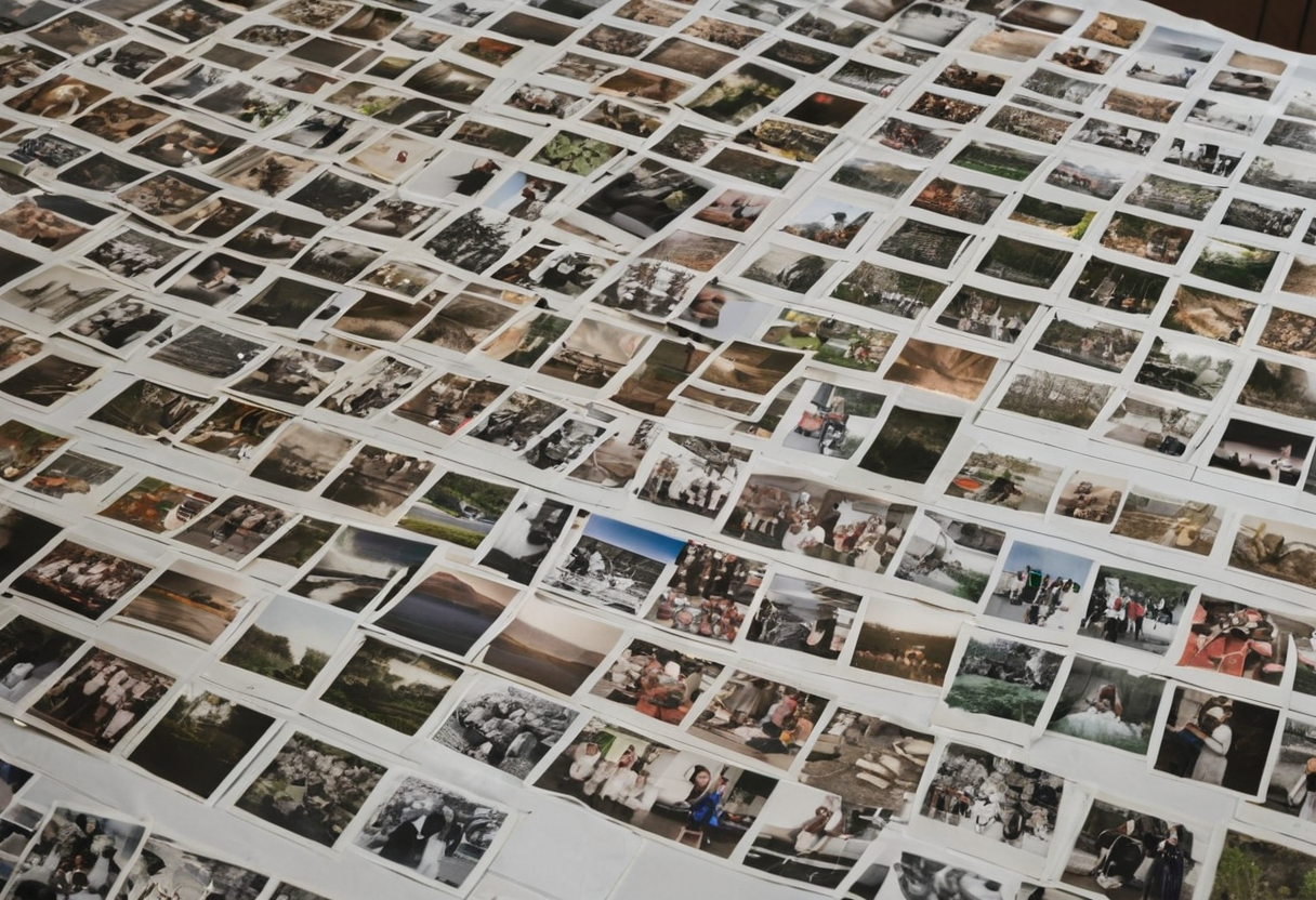 Множество небольших напечатанных фотографий, разложенных внахлёст рядами на столе; сюжеты нечитаемы, названия изданий не видны.